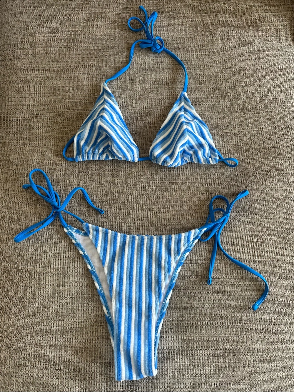 NWOT High Leg Brazilian Cut Blue and White Striped Terry Cloth Bikini Size L